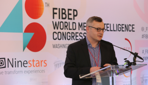 Ed Clarke speaking at the FIBEP World Media Intelligence Congress in Washington DC, November 2016